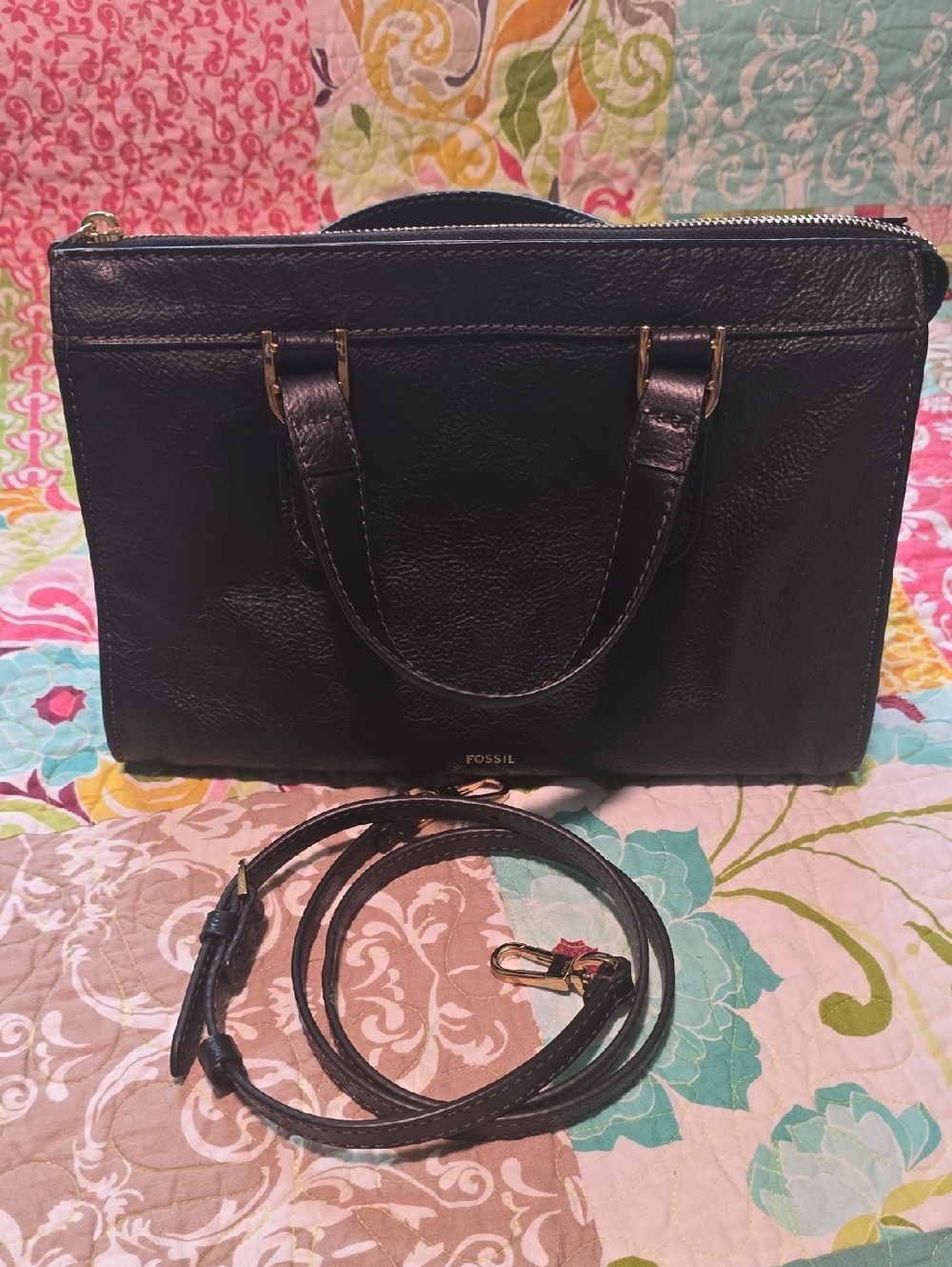 Fossil Black Leather Satchel with Gold Hardware and Removable Strap